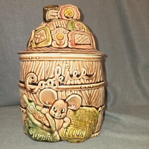 Vintage Mouse Sugar Flour Barrel Cookie Jar Ceramic Made in Japan Brown Kitsch